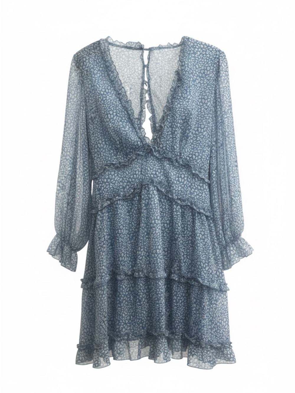 Blue Floral Tiered Ruffle Long-Sleeve Dress